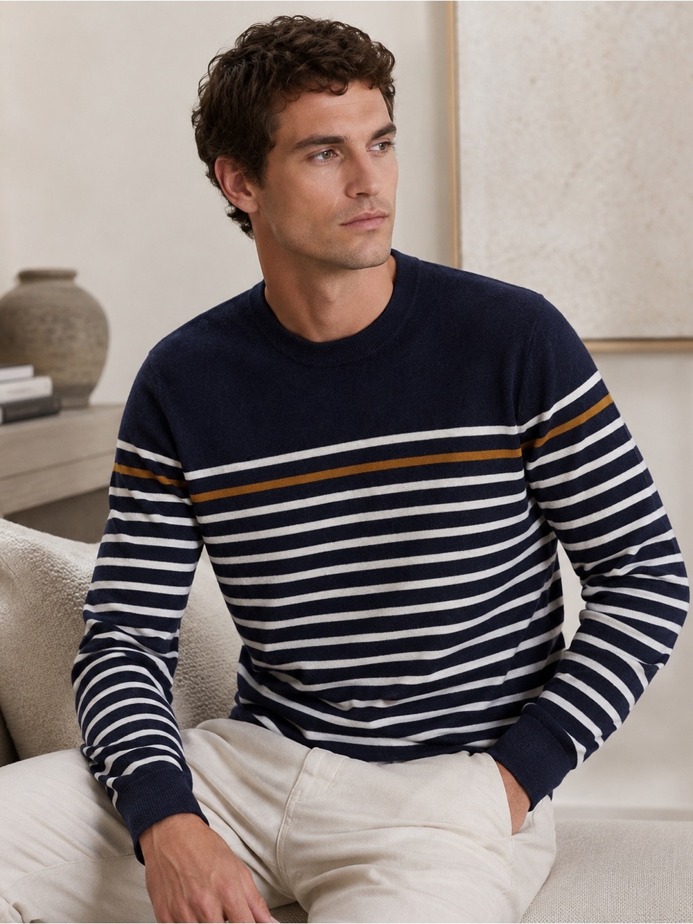 Banana Republic Premium Luxe Yarn Cashmere Silk Blend Striped Sweater Men Large